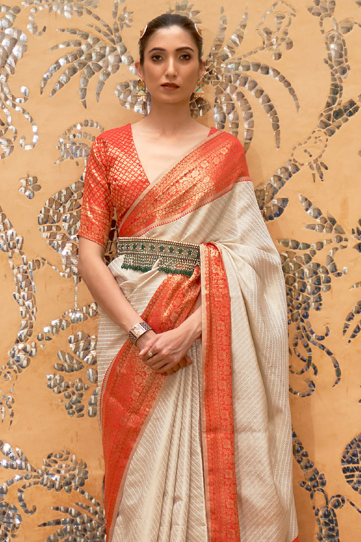 Pastel Orange Kanjivaram Silk Saree With Geometric Pattern – Cherrypick